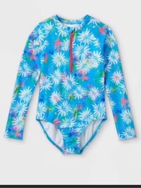 Cat & Jack Blue Floral Long-Sleeve One-Piece Swimsuit